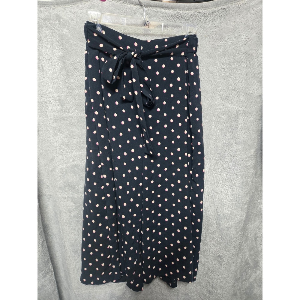 Zara Trafaluc Navy Pink Polka Dot Wide Leg Culotte Pants Large Tie Waist